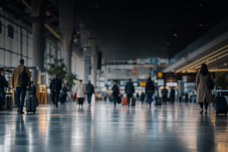 Travellers in a busy airport