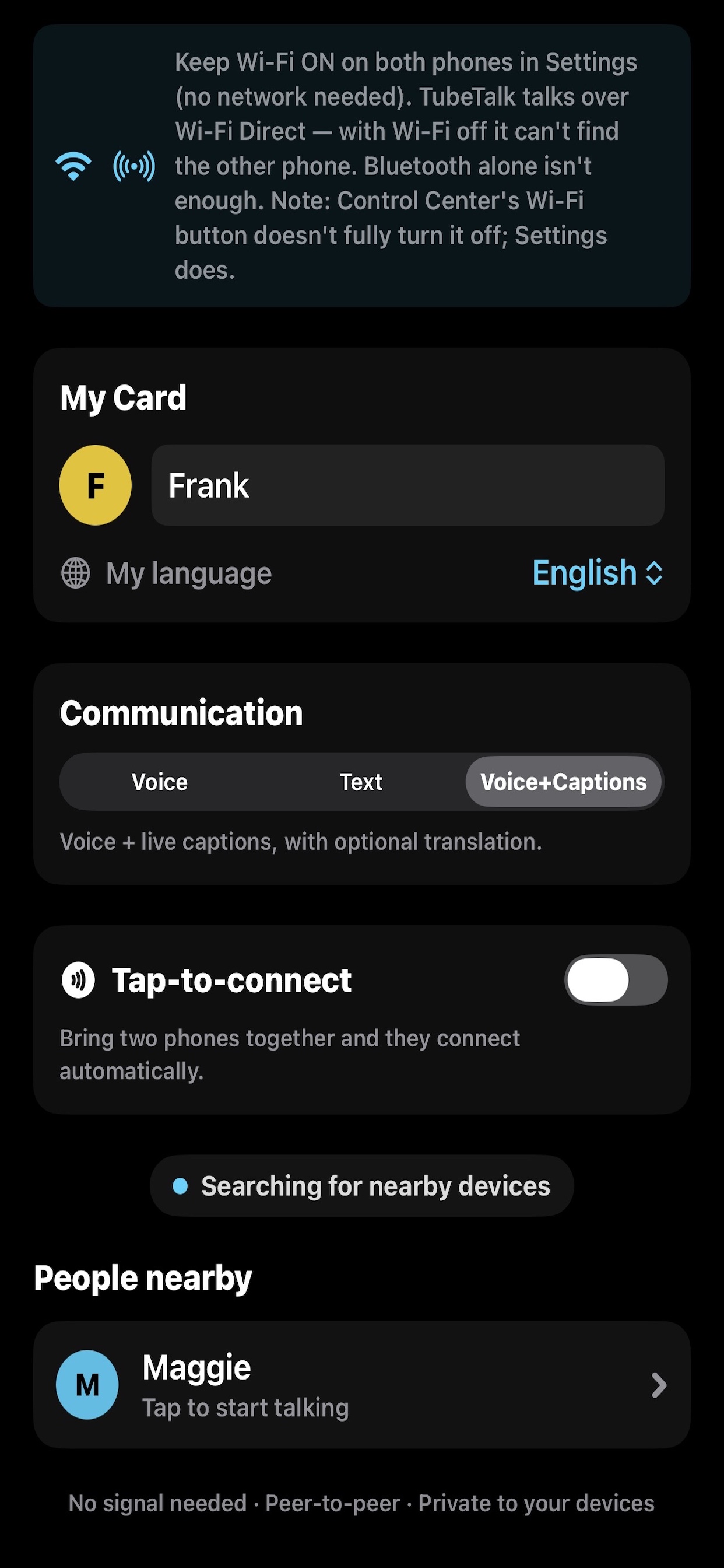 TubeTalk discovering nearby people