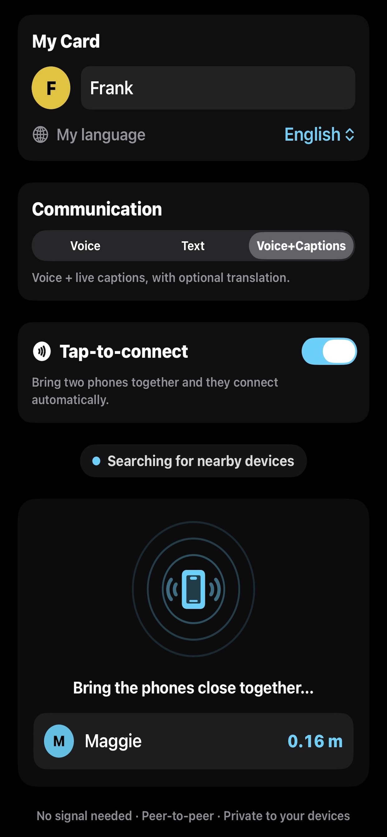 Tap to connect by proximity